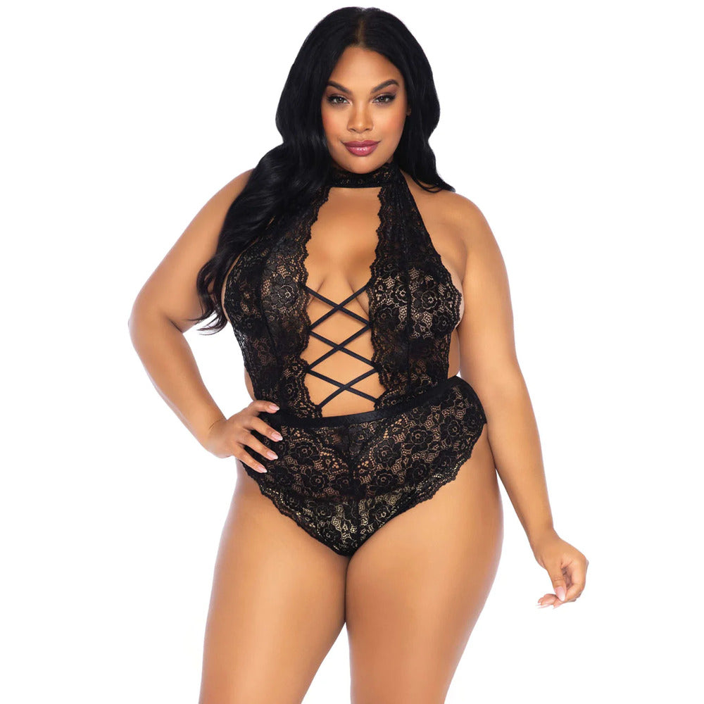 Leg Avenue Floral Lace Crotchless Teddy Black