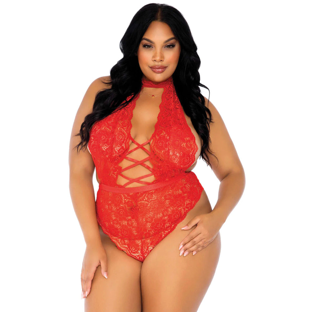Leg Avenue Floral Lace Crotchless Teddy Red